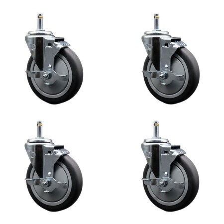 Service Caster 5'' Thermo Rubber Swivel 7/16'' Grip Ring Stem Caster Set with Brake, 4PK SCC-GR20S514-TPRB-TLB-716138-4